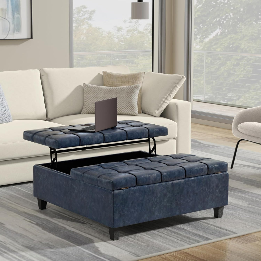SIMPLIHOME Harrison Large Coffee Table Storage Ottoman - 40 inch Wide Upholstered Vegan Leather Square Lift-Top Ottoman in Denim Blue, Transitional Bench for Living Room with Sturdy Base