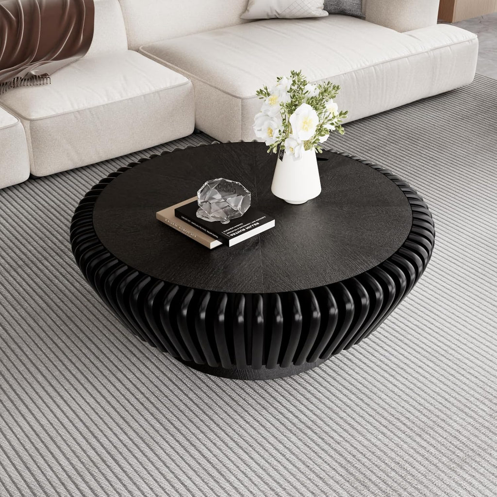 Round Coffee Table with Storage, 35.4' Modern Wooden Drum Coffee Table with Cover, Fluted Circle Center Table, Solid Wood Veneered, Accent Tea Table for Living Room Apartment Small Space (35.4' Black)