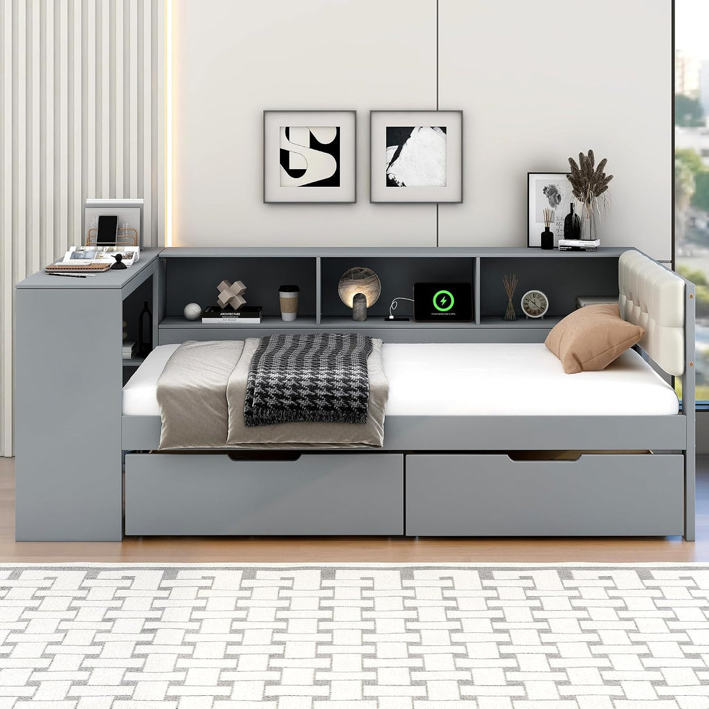 Bellemave Twin Size Corner Bed Frame with Storage Drawers and Desk,Captain Daybed with L-Shaped Bookcase,Corner Bed Frame Twin Size with Charging Station for Kids,Teens,Guests,Gray