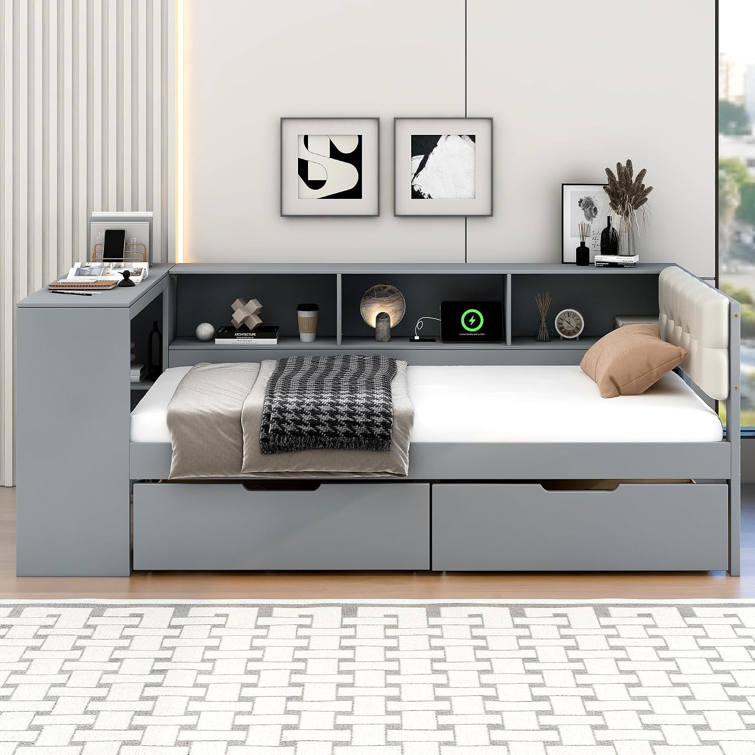 Bellemave Twin Size Corner Bed Frame with Storage Drawers and Desk,Captain Daybed with L-Shaped Bookcase,Corner Bed Frame Twin Size with Charging Station for Kids,Teens,Guests,Gray