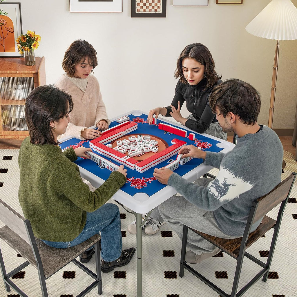 Goplus Mahjong Table, 35' Square Folding Card Table w/4Cup Holders, Anti Slip Mat, HDPE Tabletop, Metal Legs, Portable Mahjong Game Table for Domino Game, Picnic (Table w/Removable Mat, Blue)