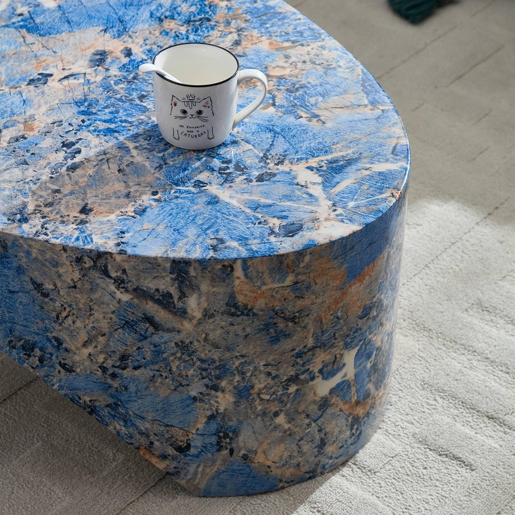 Oval Coffee Tables for Living Room, Faux Mars Pattern Pedestal CoffeeTables Mid Century Modern Minimalist Cave Tables Travertine Stone Pattern Accent End Table for Apartment, Office Fibgerglass Blue
