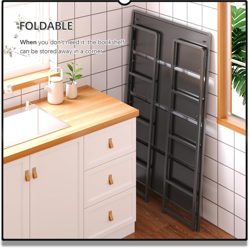 4NM No Assembly Extra Wide 4 Tiers Folding Bookshelf Storage Shelves Vintage Bookcase Standing Racks Study Organizer Home Office (All Black)