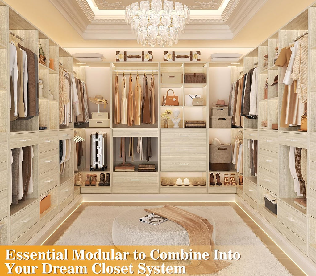 Homieasy Corner Closet System Modular with Upper & Lower Hanging Areas and Shoe Shelf, Corner Wardrobe Organizer Easy Assembly, Anti-Tip Design, Perfect for Bedroom or Walk-In Closet, White Oak