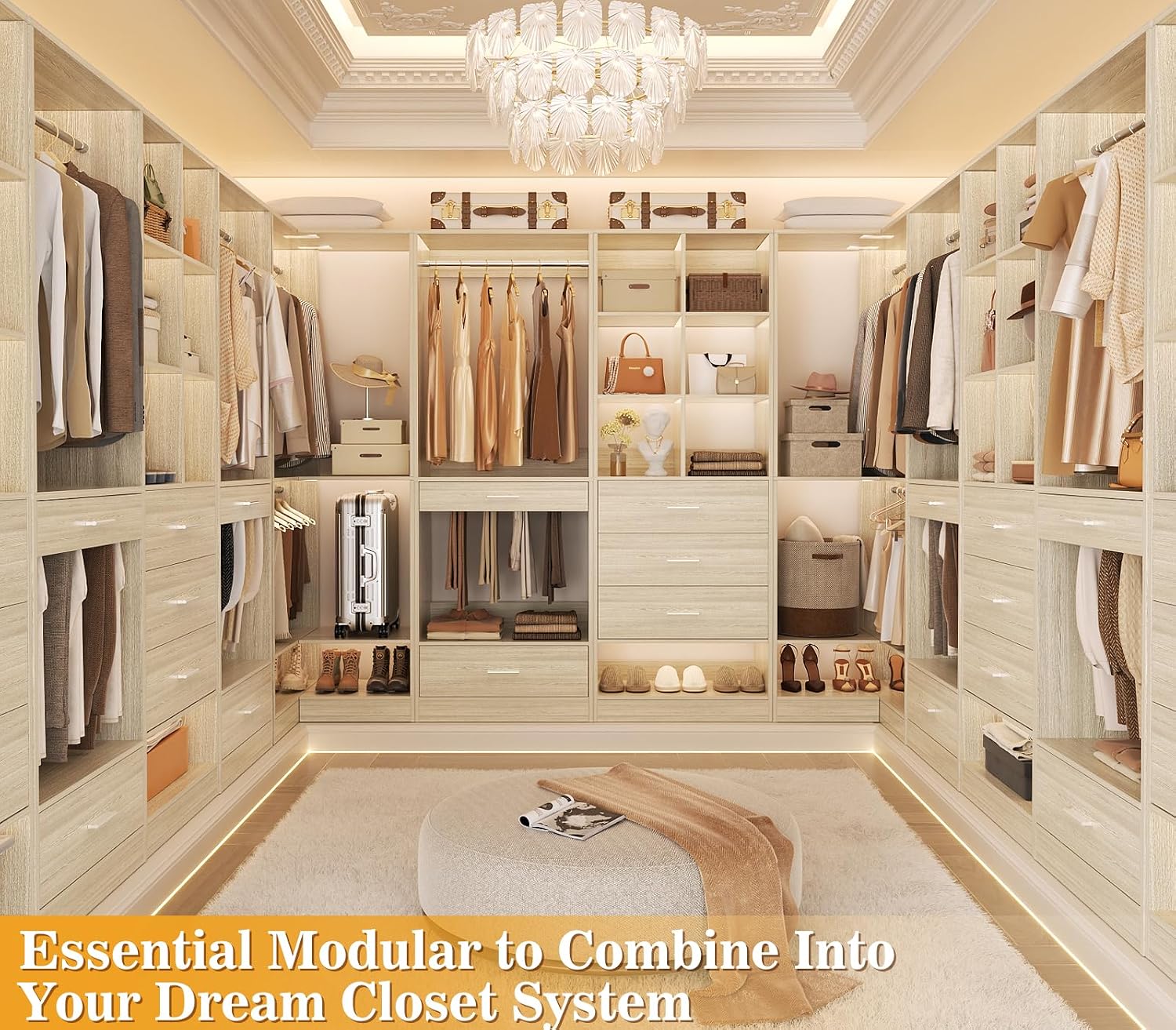 Homieasy Corner Closet System Modular with Upper & Lower Hanging Areas and Shoe Shelf, Corner Wardrobe Organizer Easy Assembly, Anti-Tip Design, Perfect for Bedroom or Walk-In Closet, White Oak