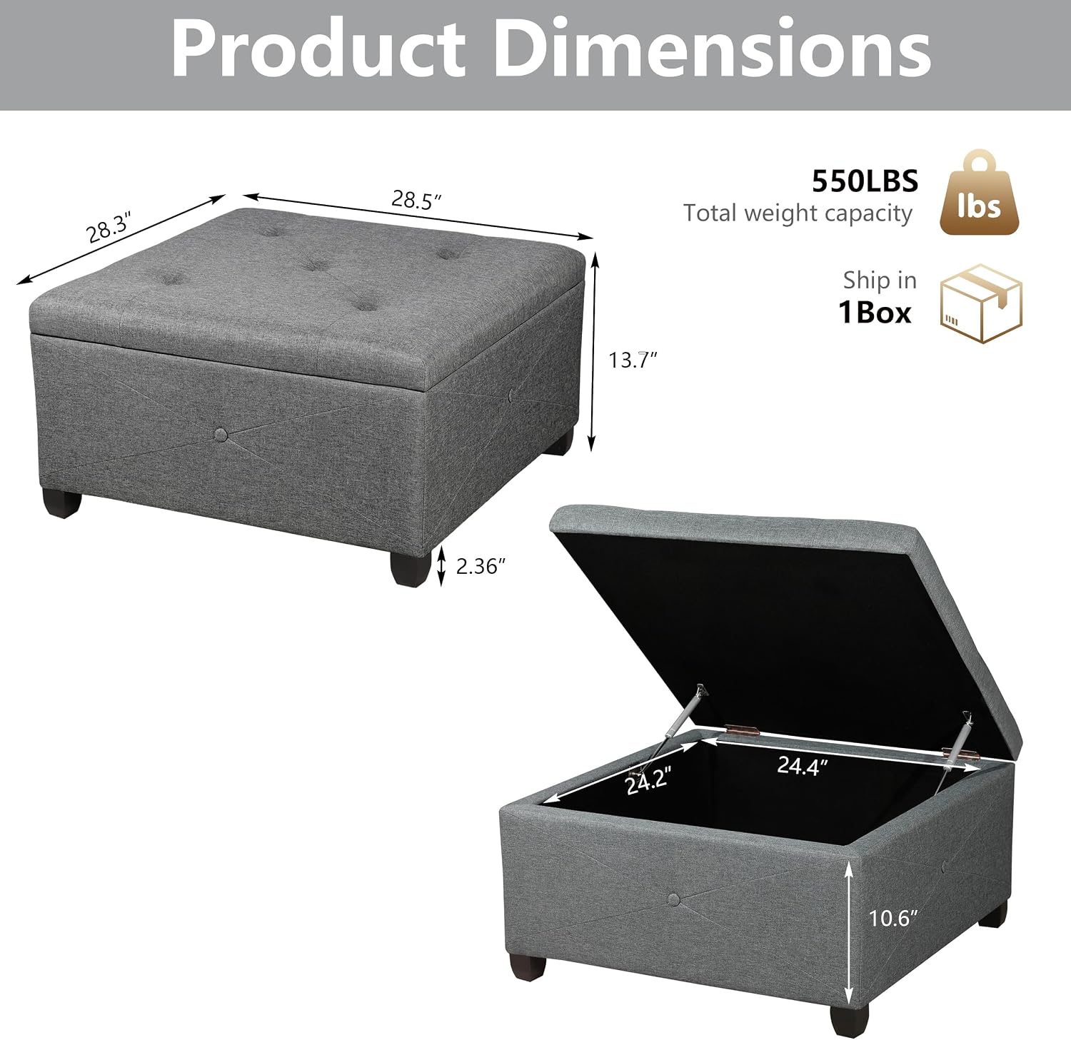 Homebeez 28.5' Tufted Storage Ottoman Bench | Multi-Panel Reinforced Fabric with Safety Pressure Hinges | for Living Room, Bedroom, Entryway | Foot Rest, Linen Ottoman, Cement Grey