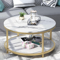 WiberWi Round Coffee Table 33.5' Coffee Tables for Living Room High Glossy Faux White Marble Top Modern Circle Table Sturdy Gold Metal Frame Legs Cocktail Table with Storage Open Shelf