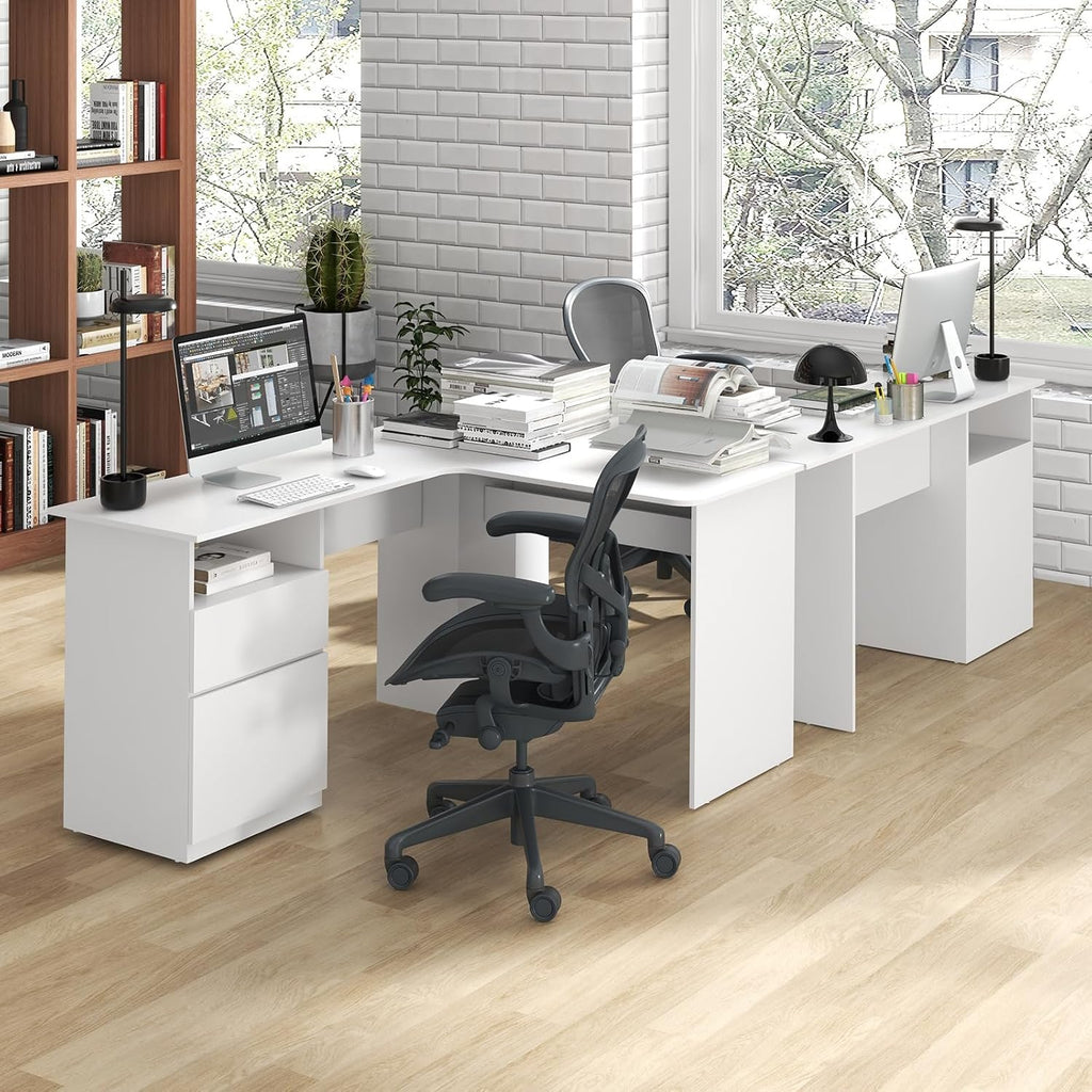 Giantex L Shaped Computer Desk with Drawers, 59' Corner Desk Workstation with Storage Shelf & Cable Holes, Large Executive Office Desk, Modern Study Writing Table for Home Office (White)