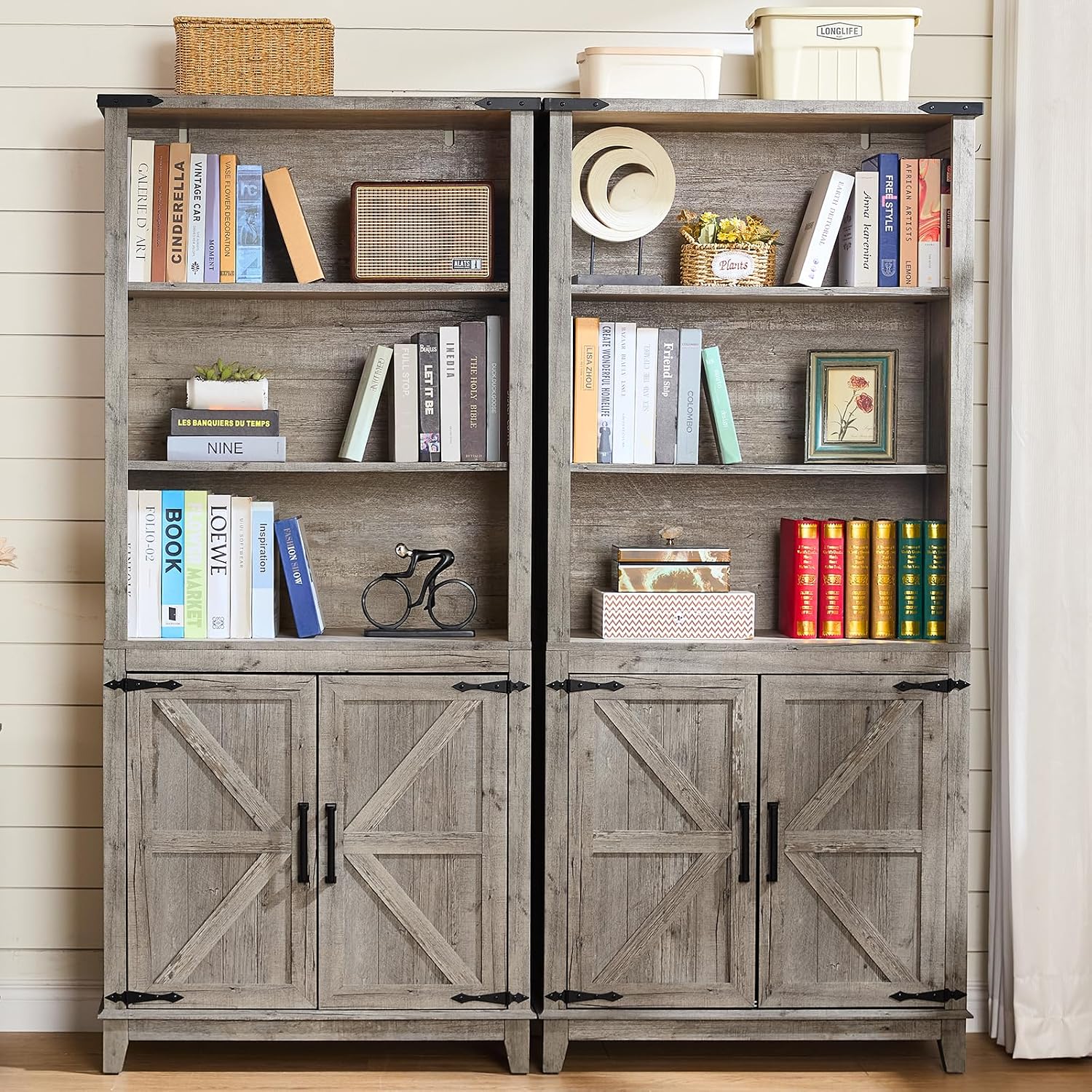 Joaxswe 70in Tall Bookshelf 5 Tier Bookcase with Barn Doors and Adjustable Shelves, Grey Farmhouse Book Shelf with Storage Cabinet, Wood Freestanding Display Bookshelves for Bedroom, Kitchen (2 PCS)
