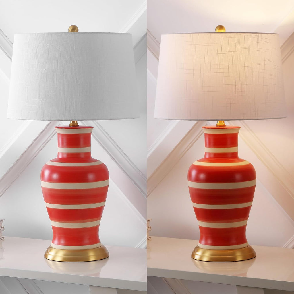 JONATHAN Y 29' Red/Beige Traditional Ceramic Urn LED Table Lamp for Bedroom Decor, White Linen Drum Shade, Classic Nightstand Lamp for Living Room, LED Bulb Included (JYL4026K)