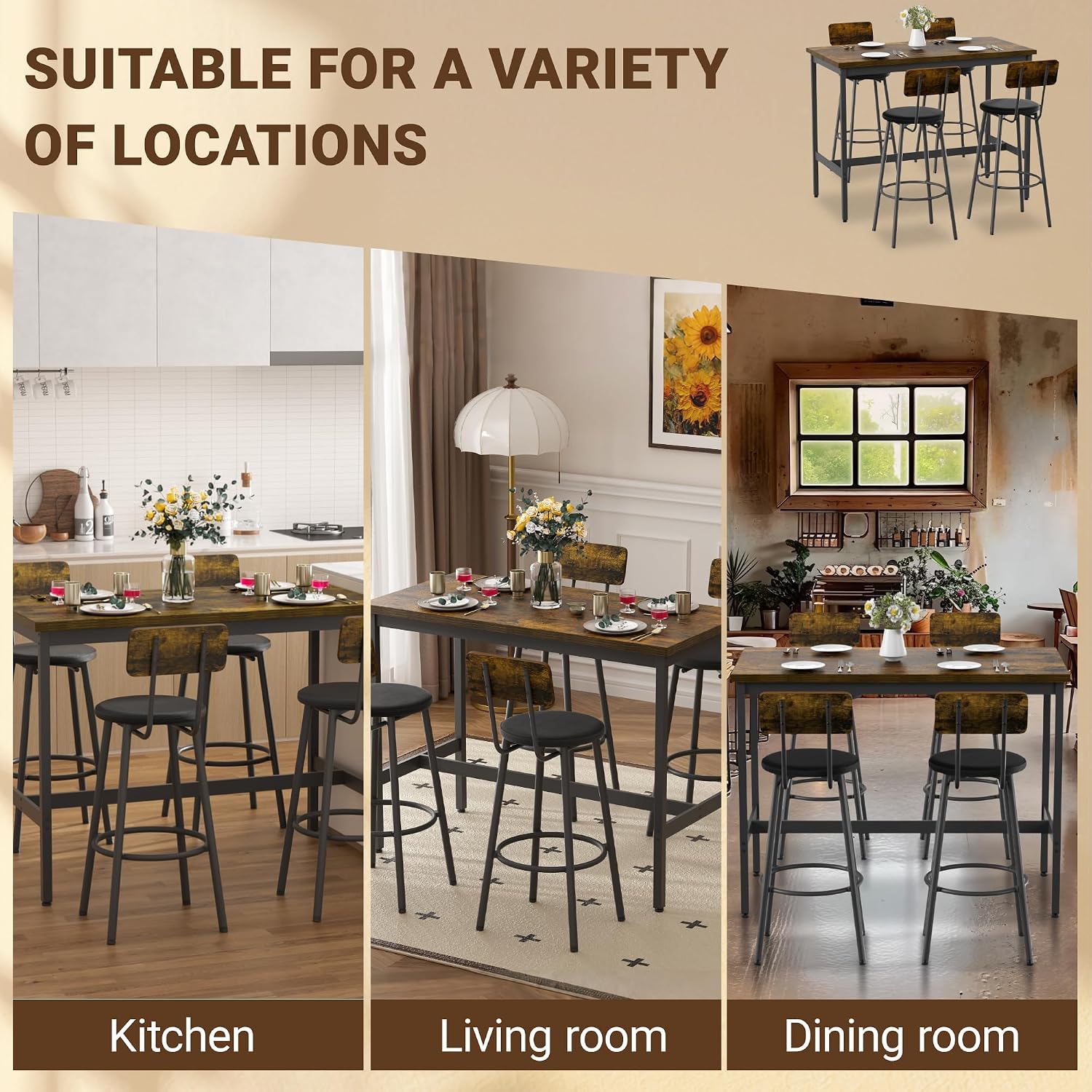 Elevon 47 in Long Bar Table Set with 4 PU Leather Bar Stools, Dining Table and Chair Sets, Industrial Tall Coffee Table and Back Chair for Kitchen, Living Room, Party Room, Pub, Brown