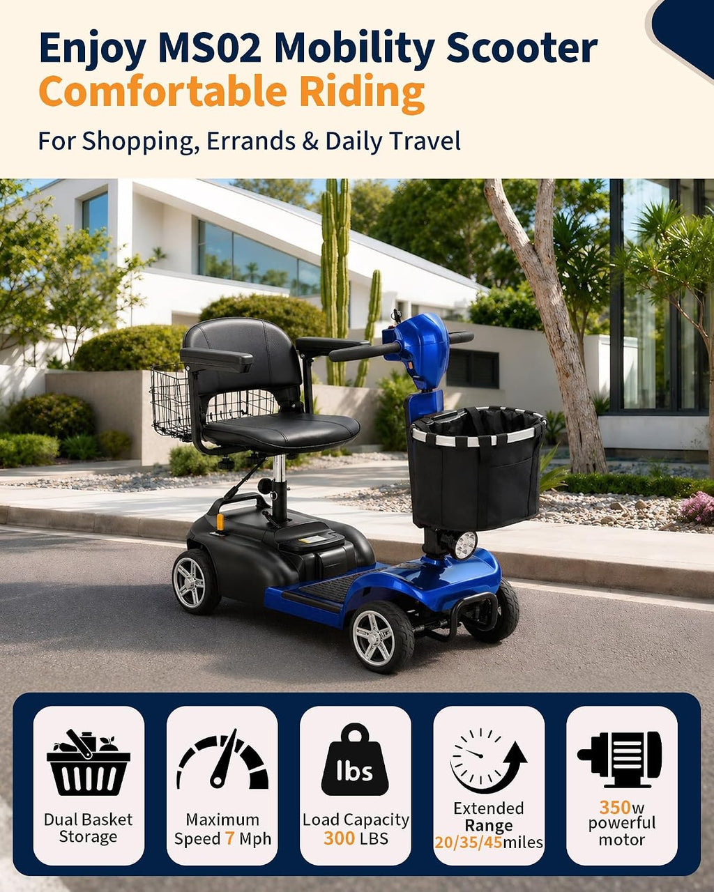 Ecomobi 20-45 Miles Mobility Scooter for Seniors & Adults, 4 Wheel Motorized Mobility Scooter for Travel, Removable Lithium Battery, 350W Motor, Dual Baskets, 300 lb Capacity, GPS Tracker,Blue,18ah