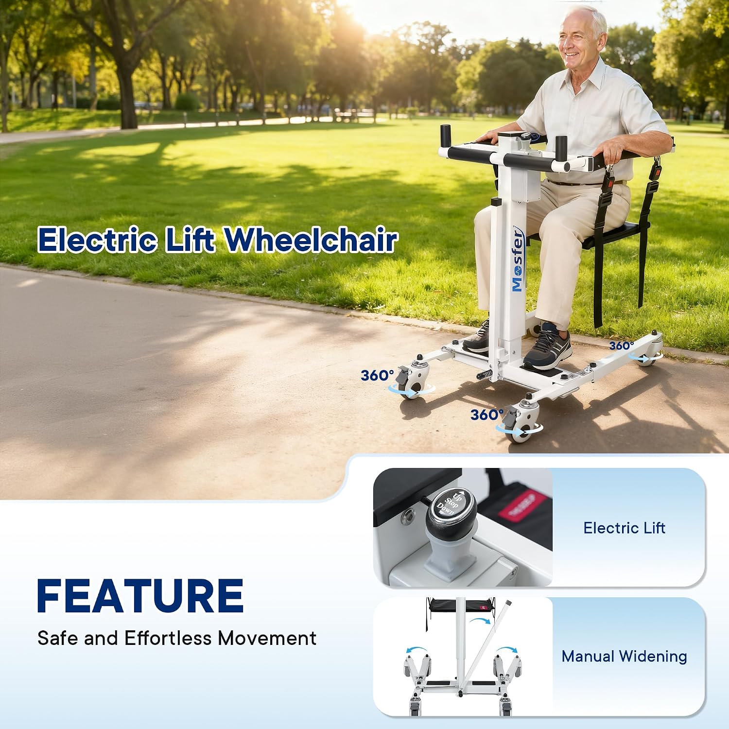 Mosfer Electric Patient Lift Transfer Chair Lift,Chair Lift Assist Devices for Home Seniors and Disabled with Adjustable Height, Folding Bathroom Wheelchair Move from Bed to Chair,Toilet,Car,Outdoor