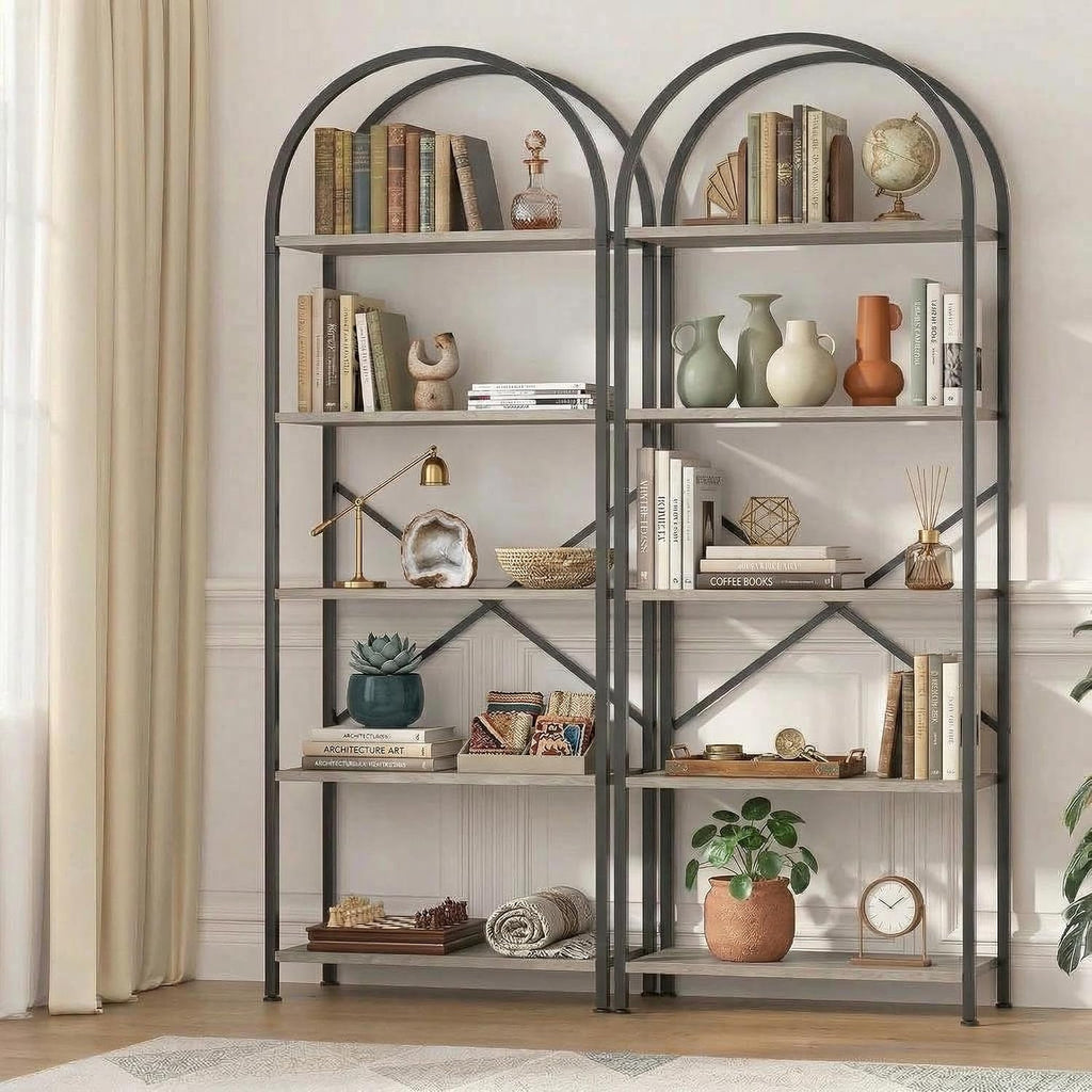 Takywep Bookshelf, Arched Bookcase with Metal Frame 5 Tiers Bookshelf Industrial Arched Cabinet Display Shelf Floorstanding Storage Shelving Unit for Bedroom, Living Room and Home Office, Gray