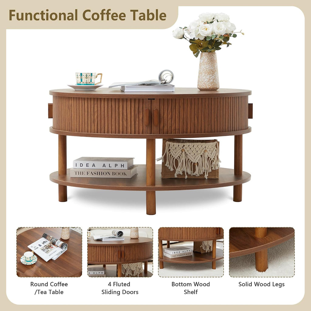 RARZOE 31.5' Round Coffee Table with Storage, Wood Circle Coffee Table with Sliding Cabinet Doors, Fluted Dining Table Accent Center Table for Living Room Home Office Apartment, Walnut