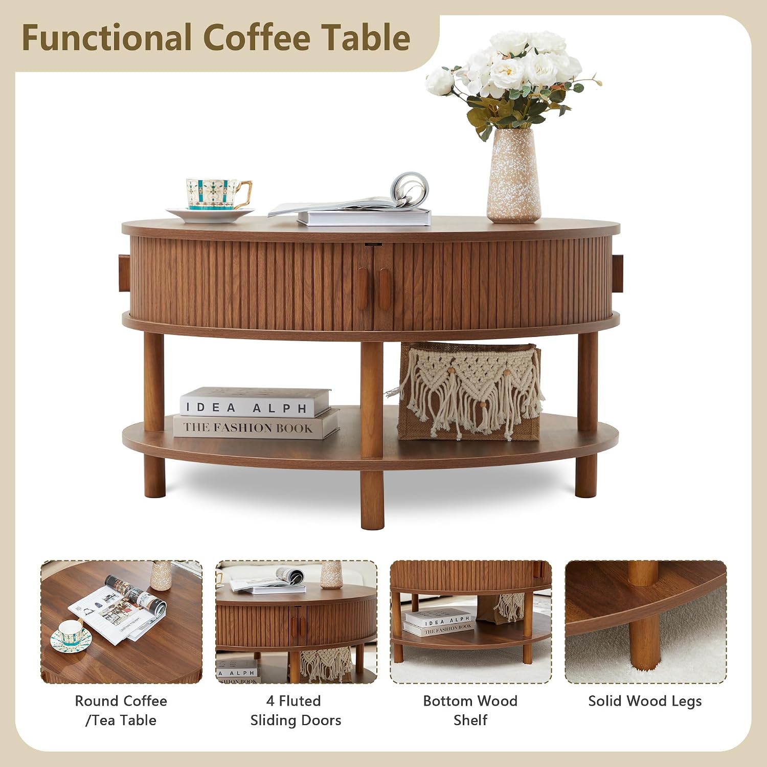 RARZOE 31.5' Round Coffee Table with Storage, Wood Circle Coffee Table with Sliding Cabinet Doors, Fluted Dining Table Accent Center Table for Living Room Home Office Apartment, Walnut