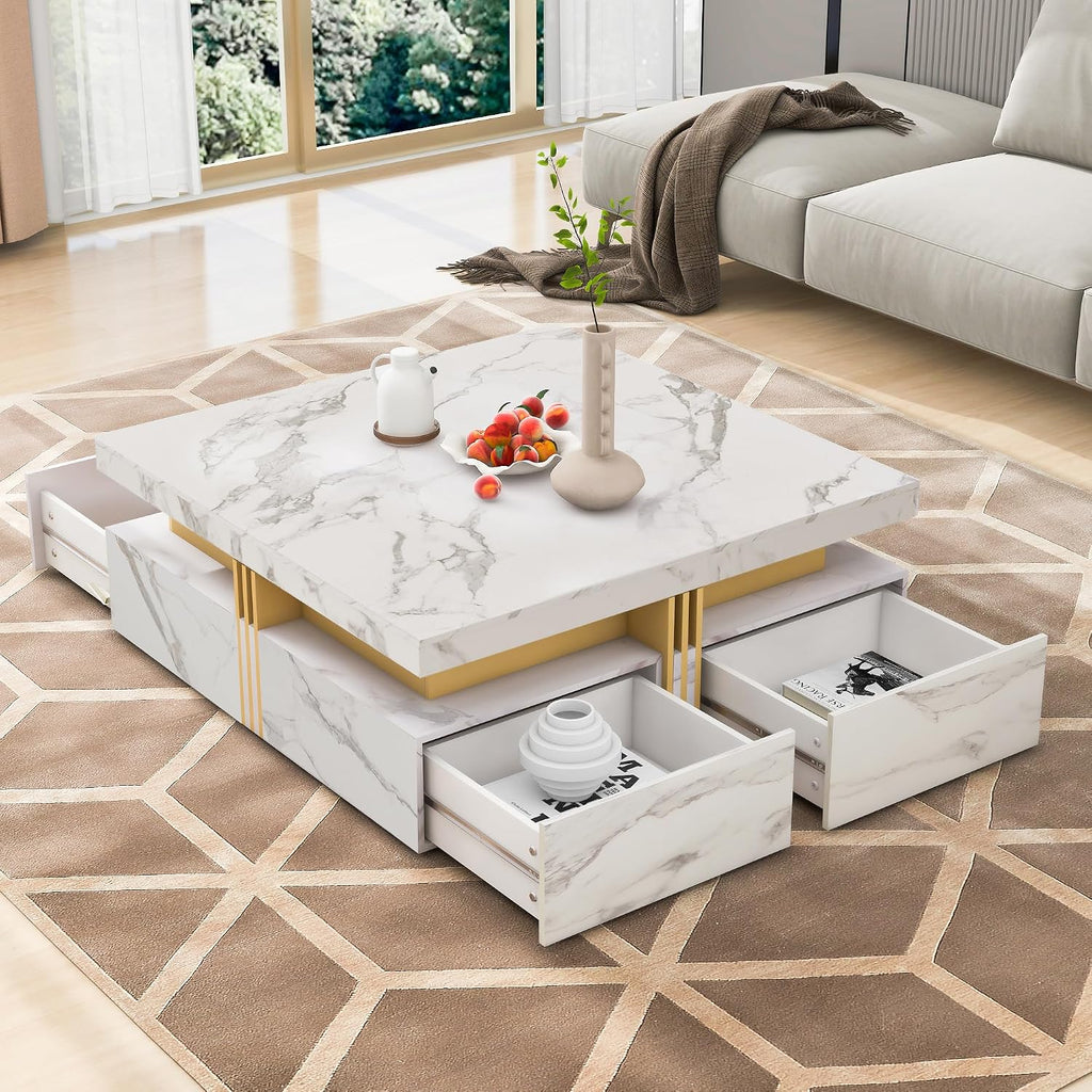 Modern White Square Storage Coffee Table with 4 Drawers for Living Room