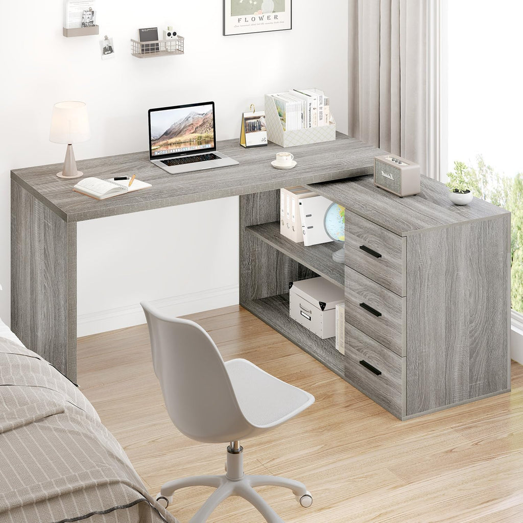 HSH L Shape Desk with Drawers, L-Shaped Desk with Storage Cabinet Shelves, Home Office Corner Computer Desk for Executive Writing, Modern Wood Study PC Table in Bedroom Living Room, Grey Oak, 55 Inch