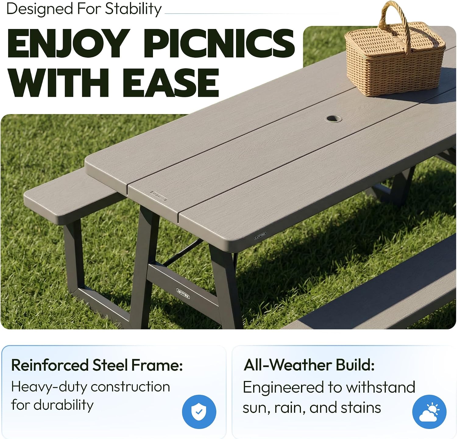 LIFETIME 6-Foot Folding Picnic Table with Benches, Seats 8, Heavy-Duty HDPE Tabletop, Steel Frame, Weather & UV Resistant Outdoor Picnic Table with Umbrella Hole