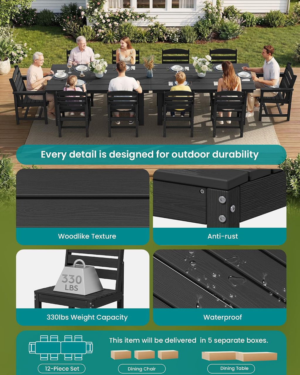 SERWALL Patio Dining Sets for 10 Person, HDPE Dining Set with 2 Tables, 8 Armless Chairs and 2 Armed Dining Chairs, Black