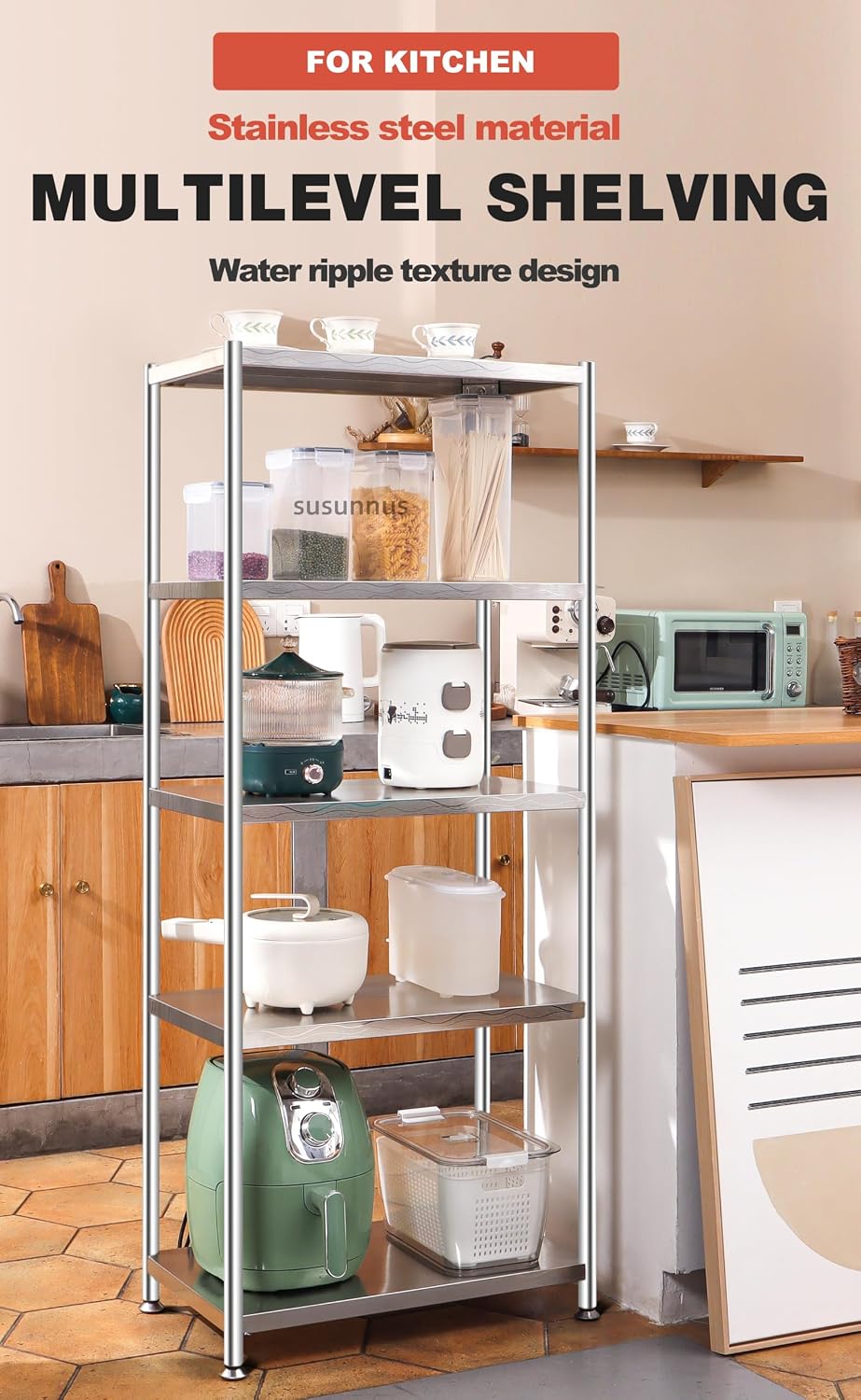 susunnus Stainless Steel Shelves 23.6in-5 Tier, Stainless Steel Shelf Organizer, Kitchen Storage Shelves,Artistic Texture, Pragmatic & Sturdy & Waterproof