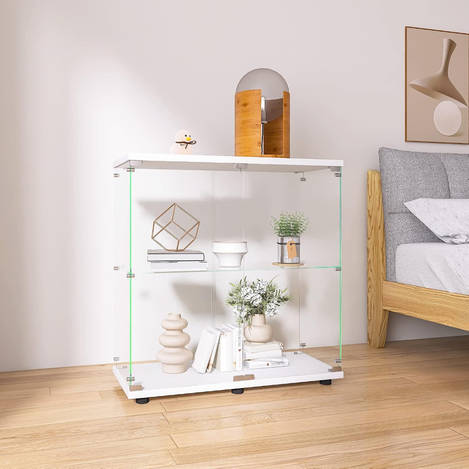 33.35' Two-Door Glass Display Cabinet 2 Shelves with Door,Floor Standing Curio Bookshelf w/Locks,Transparent Full Viewing Angle Cabinets for Living Room,Bedroom,Showroom,Office,White