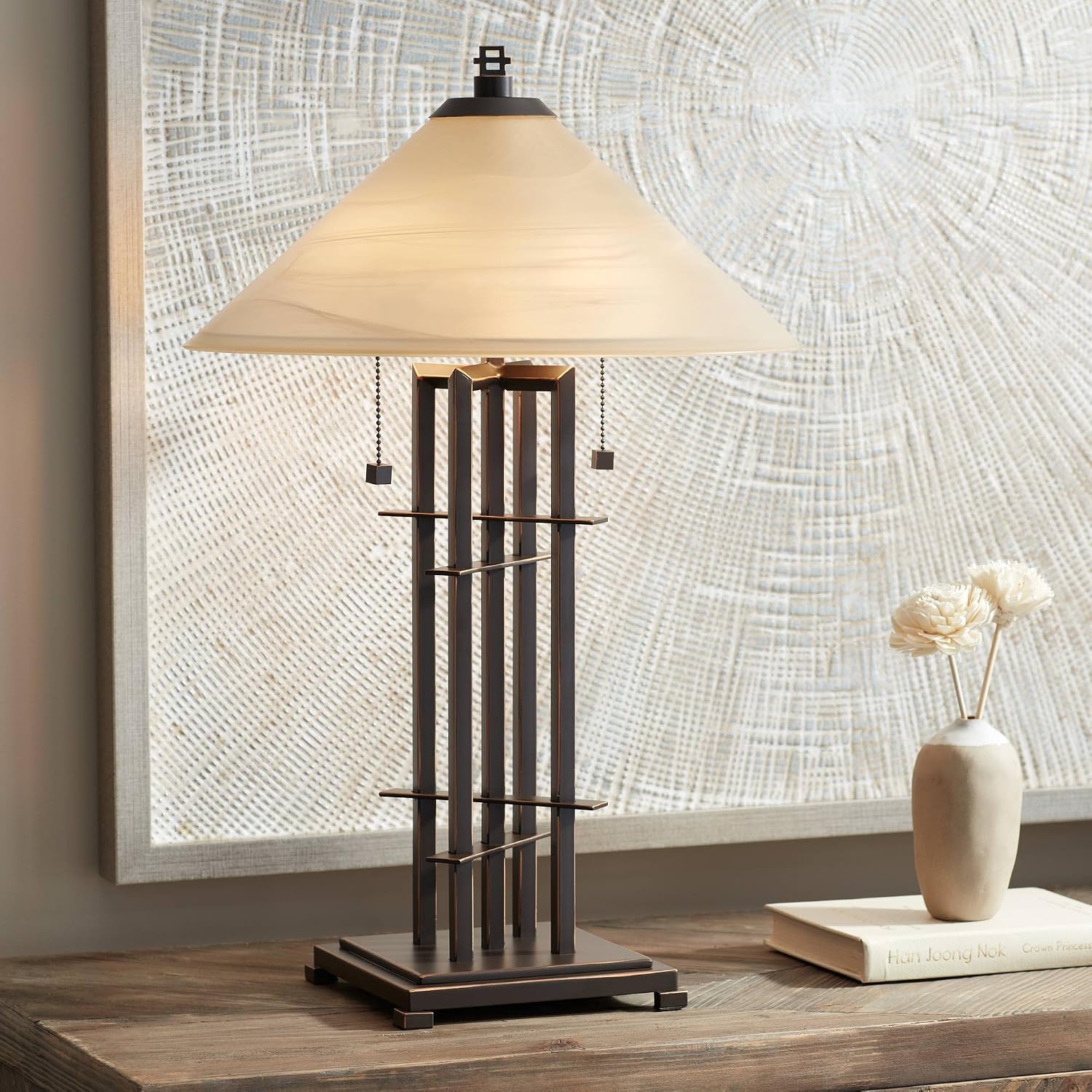 Franklin Iron Works Metro Collection Planes 'n' Posts Mission Rustic Accent Table Lamp 23.5' High Bronze Cone Alabaster Art Glass Shade Decor for Living Room Bedroom House Bedside (Color May Vary)
