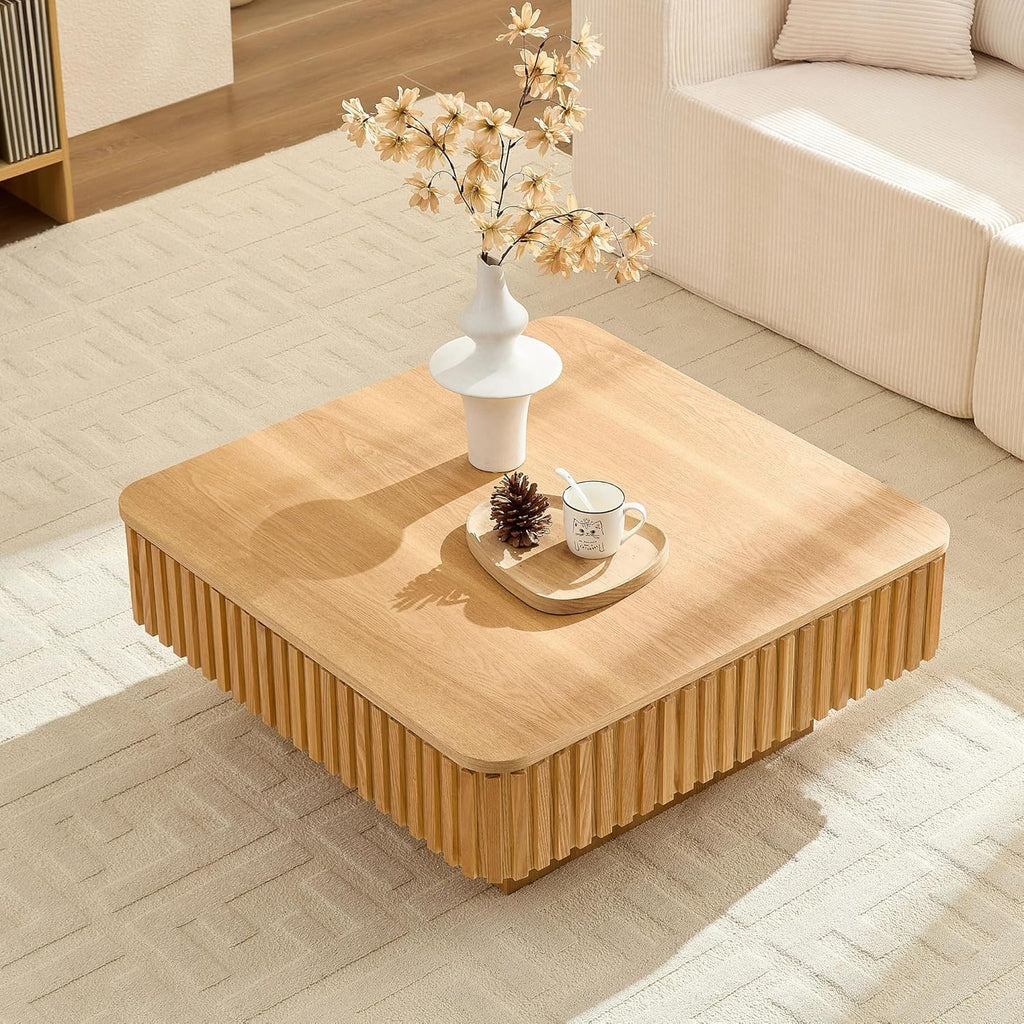 Lift top Coffee Table Square for Living Room Storage Coffee Table with Lifting Top Smart Fluted Coffee Tables Modern Larger Center Tables for Apartment 35.43'' Natural Wood