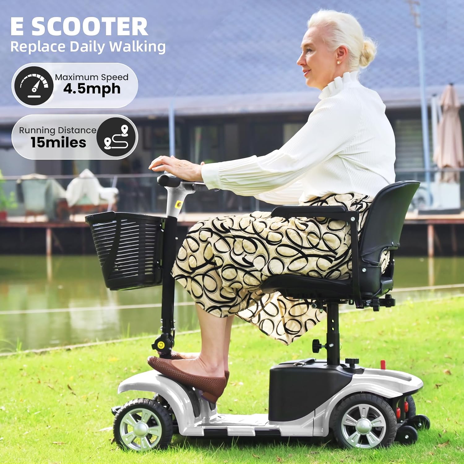 SUNDERWELL Mobility Scooters for Seniors & Adults, Compact Foldable Mobility Scooter with Tool-Free Disassembly, 15 Miles Electric Powered Mobility Scooters with 300 lb Capacity & USB Port (Silver)