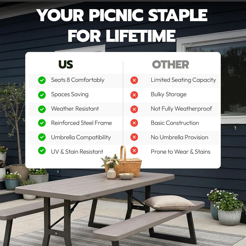 LIFETIME 6-Foot Folding Picnic Table with Benches, Seats 8, Heavy-Duty HDPE Tabletop, Steel Frame, Weather & UV Resistant Outdoor Picnic Table with Umbrella Hole