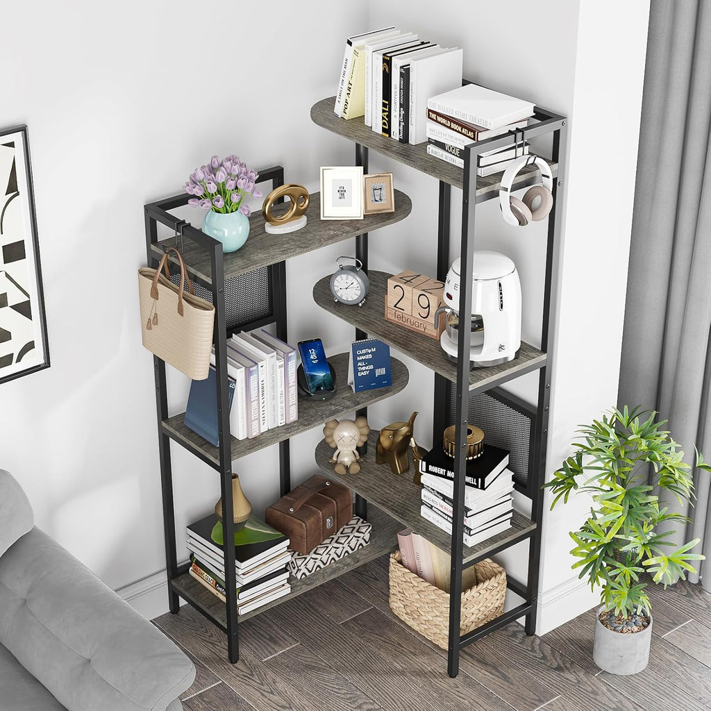 Gezen 6-Tier Industrial Bookshelf Wood Bookcase with Metal Frame, Tall Office Book Shelves Wooden Etagere Book Shelf, Open Storage Shelving Unit for Living Room/Study Room/Bedroom(Black Oak)
