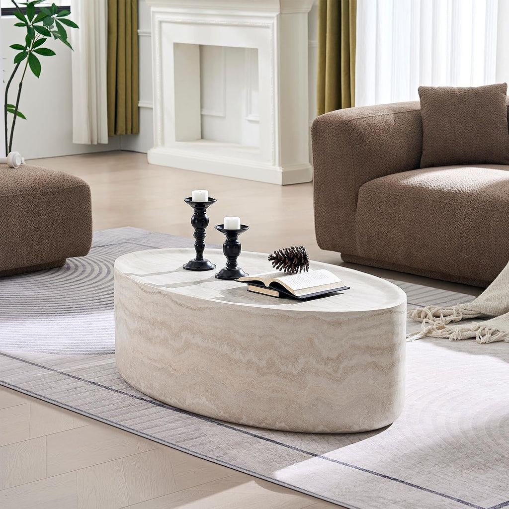 Round Coffee Tables for Living Room, Faux Mars Pattern Pedestal Coffee Tables Mid Century Modern Minimalist Side Tables Travertine Stone Pattern Accent End Table for Apartment, Fibgerglass 43.7'