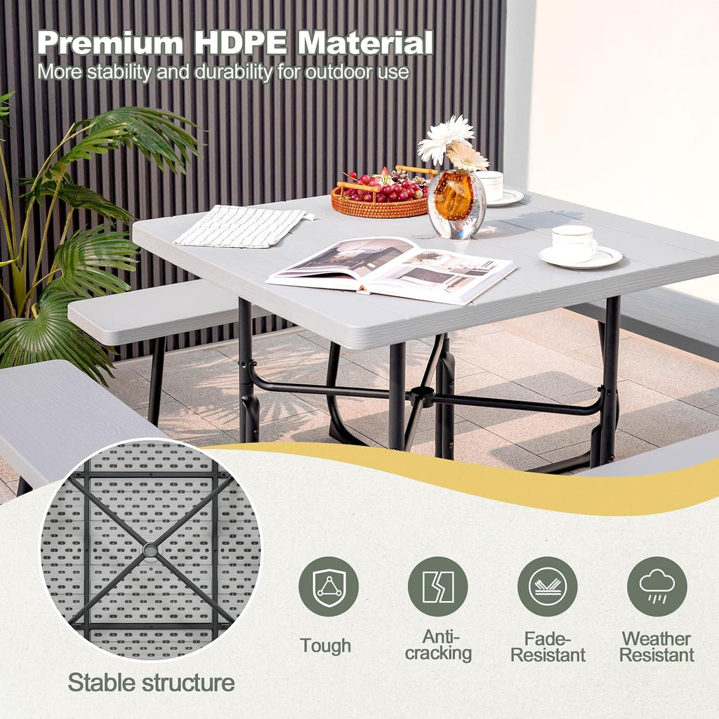 Tangkula 8 Person Picnic Table, Outdoor Square Picnic Table with 4 Built-in Benches, Umbrella Hole, Metal Frame & HDPE Tabletop, Outside Table and Bench Set for Backyard, 2300lbs Weight Capacity