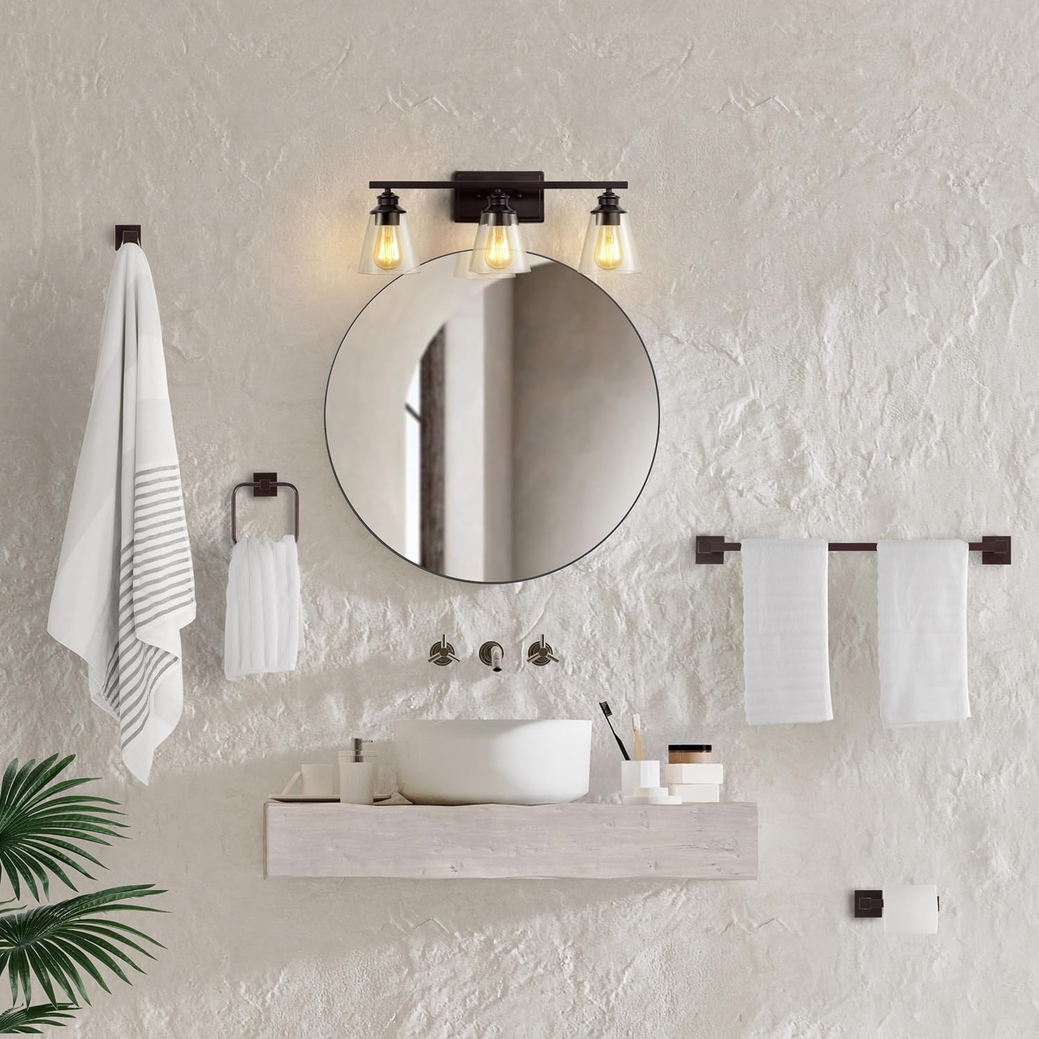 JONATHAN Y JYL1500A Arlo 22.88' 3-Light Vintage Classic Vanity Light with Bathroom Hardware Accessory Set, Oil Rubbed Bronze (5-Piece) - Towel Bar & Ring, Toilet Paper Holder, Robe Hook