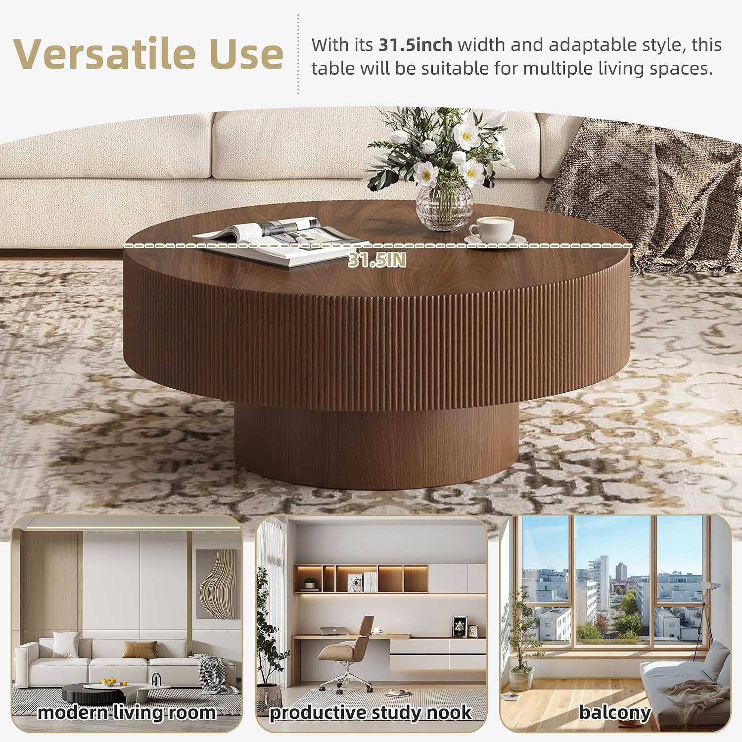 LUMISOL Modern Round Coffee Table for Living Room, Fluted Center Table with Thick Tabletop, Wave Design Drum Tea Tables, Circle End Table with Sturdy Base, 31.5' W*13.7' H, Walnut