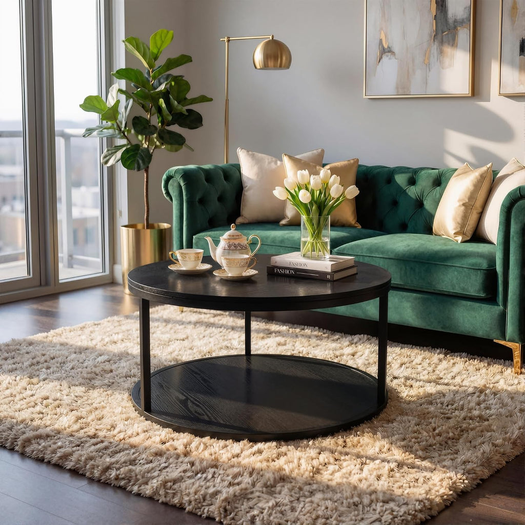 YESHOMY 36' Round Coffee Table, 2-Tier Wood Center Table with Storage Shelf, Heavy-Duty Metal Frame, Easy Assembly, Ideal for Living Room & Small Spaces, Black