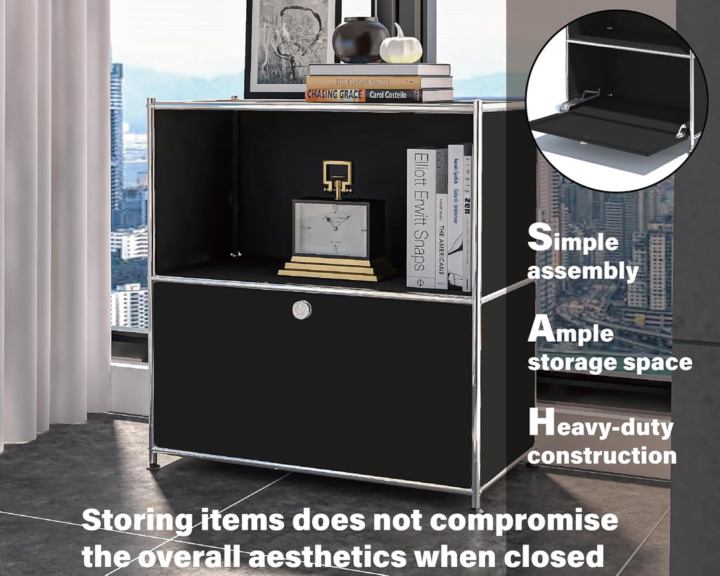 32.5-Inch Flip-Top Storage Cabinet with Detachable Wheels, Metal Side Table and Small Sideboard Cabinet for Living Room, Bedroom, Office, Orange
