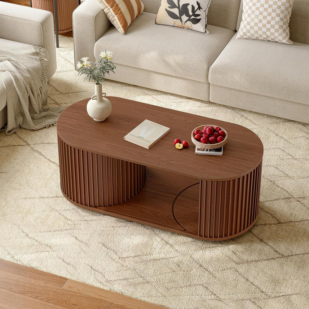 ONBRILL 47' Multi-Functional Coffee Table with Storage, Oval Coffee Table with Vertical Striped Sliding Door & Round Base, Mid-Century Modern Center Table with Adjustable Shelf for Living Room, Walnut
