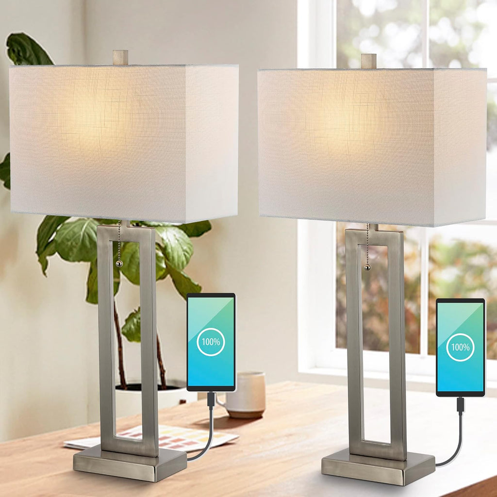 JONATHAN Y 28.5' Nickel Table Lamp Set of 2 with USB Port and Pull Chain, Modern Industrial Bedside Lamp for Living Room, Rectangular White Linen Shade, LED Bulb (JYL1126B-SET2)