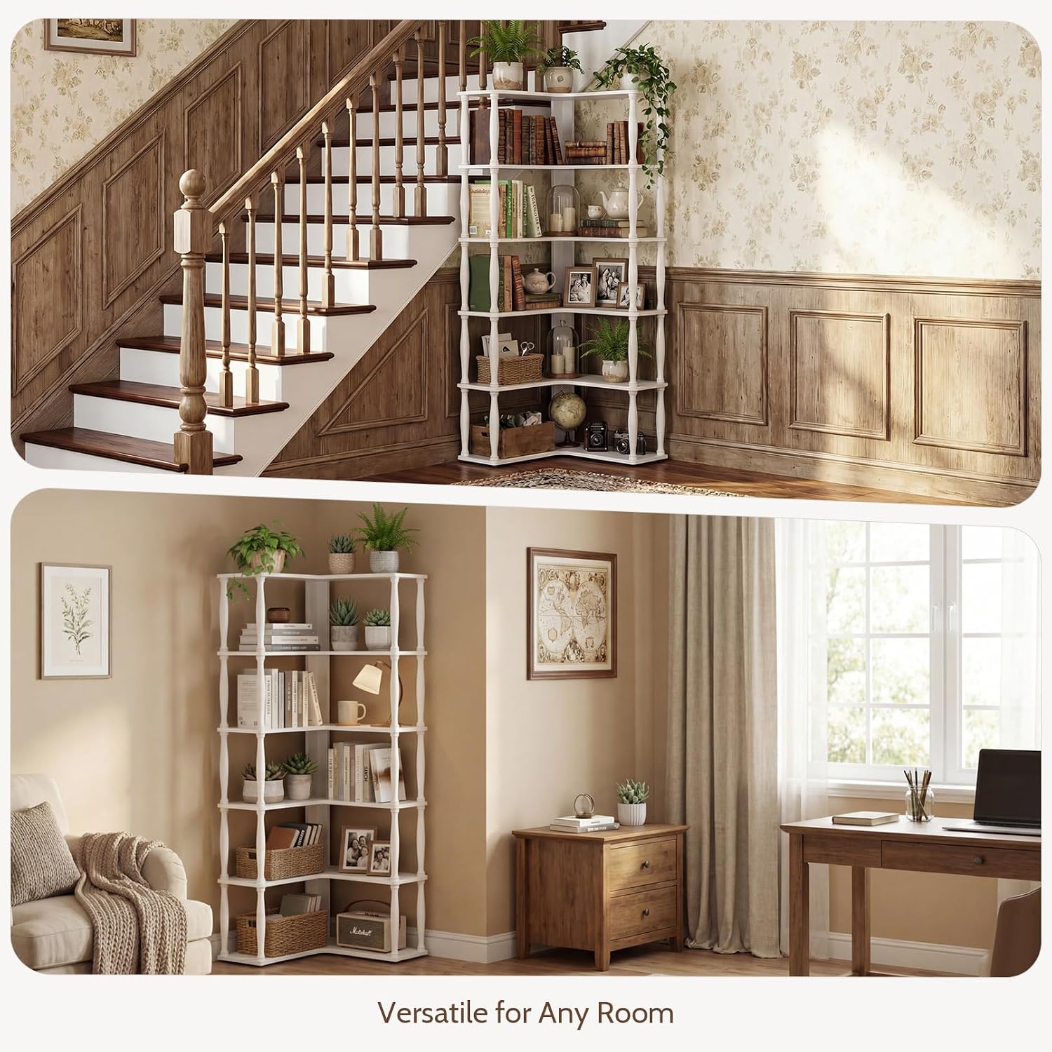 6 Tier Corner Bookshelf, L Shaped Bookcase with Solid Wood Posts,Vintage American Display Shelf for Home Office, Living Room, Bedroom, Kitchen