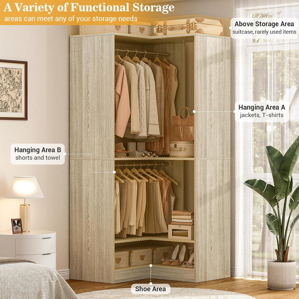 Homieasy Corner Closet System Modular with Upper & Lower Hanging Areas and Shoe Shelf, Corner Wardrobe Organizer Easy Assembly, Anti-Tip Design, Perfect for Bedroom or Walk-In Closet, White Oak