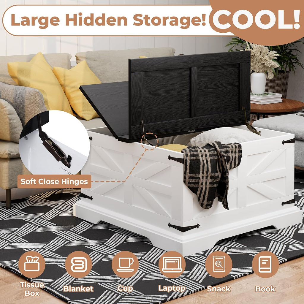 Farmhouse Coffee Table with Large Hidden Storage, Square Wood Living Room Tables, Multi-Function Lift Wooden Barn Door Center Table (White& Black)