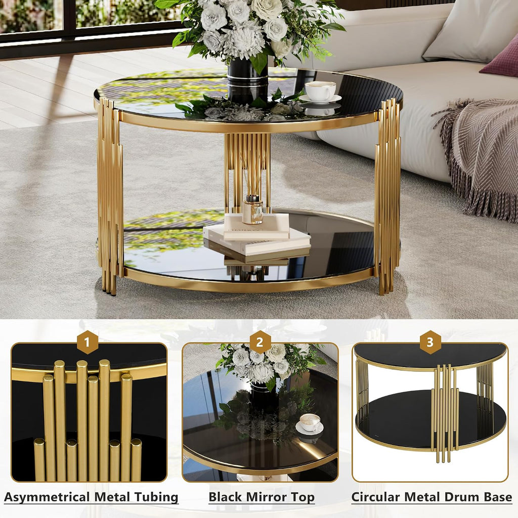 Merax Round Table Set of 3, with 1 Coffee Table & 2 End Tables, Black Mirror, Asymmetrical Metal, Gold Finish & Lower Shelf, for Living Room Apartment, Black