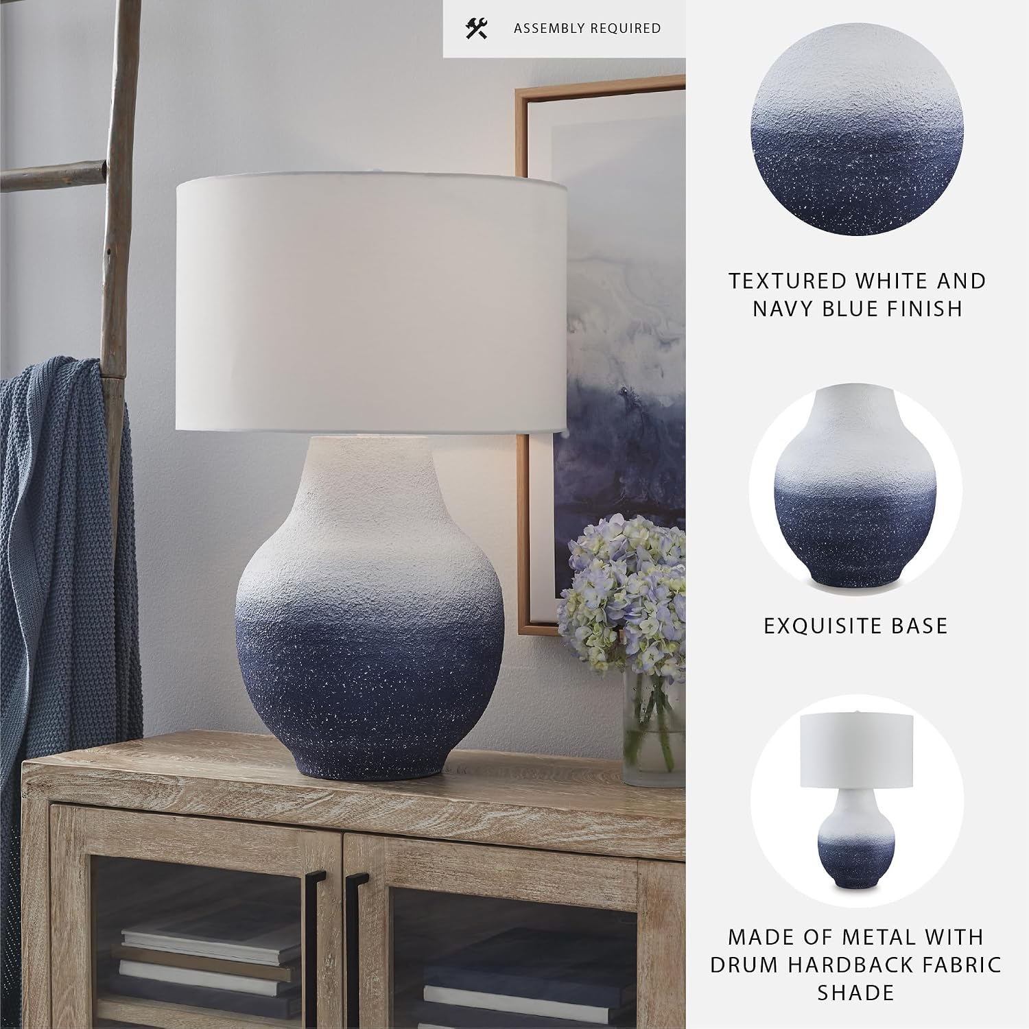 Signature Design by Ashley Dashland Coastal Metal Table Lamp with 3-Way Switch, White & Blue