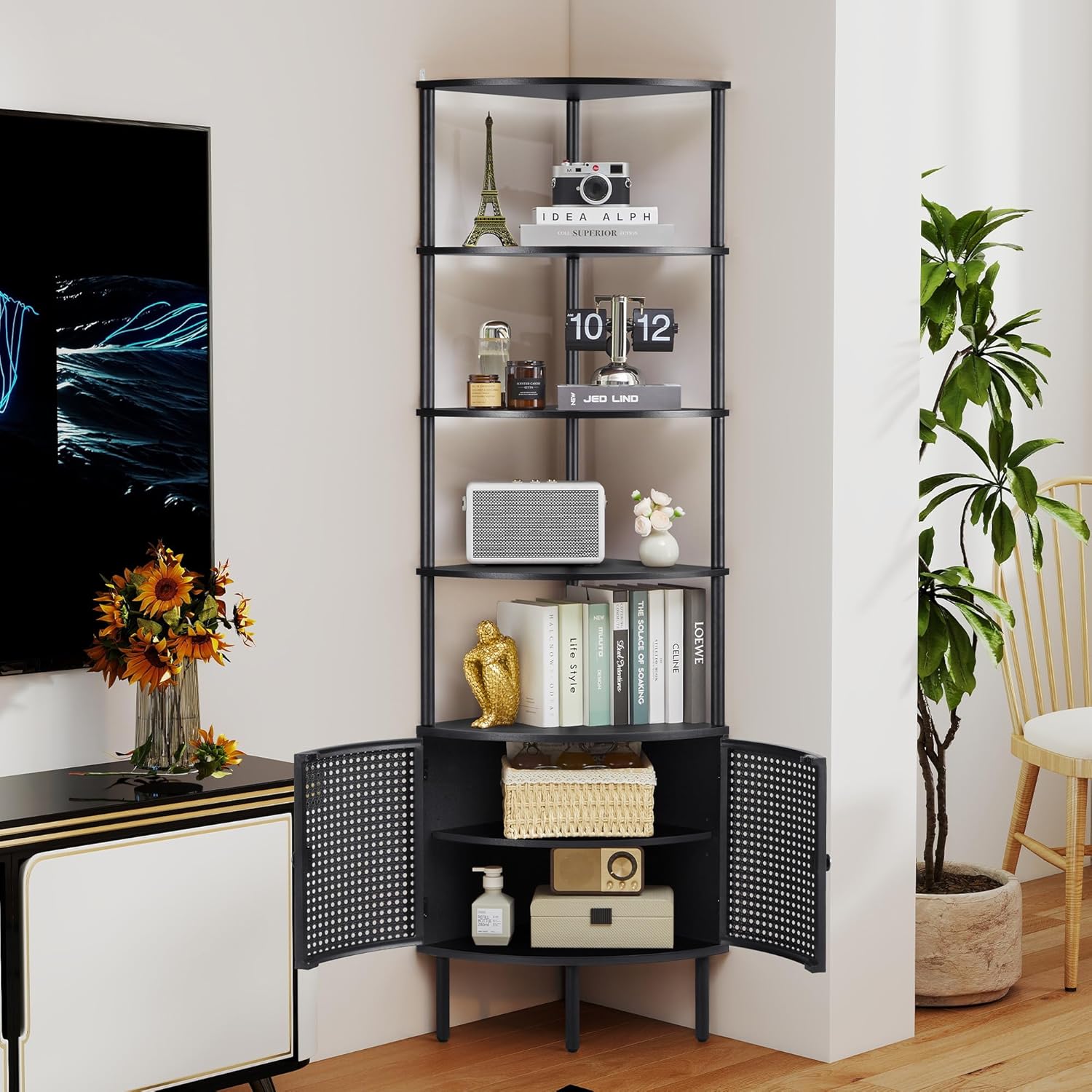 Corner Book Shelf Organizer, Black Bookshelf with Doors, Tall Bookshelf Organizer, 5 Shelf Bookcase Shelf, Metal Book Shelf for Bedroom,Bathroom,Living Room,Kitchen - Black