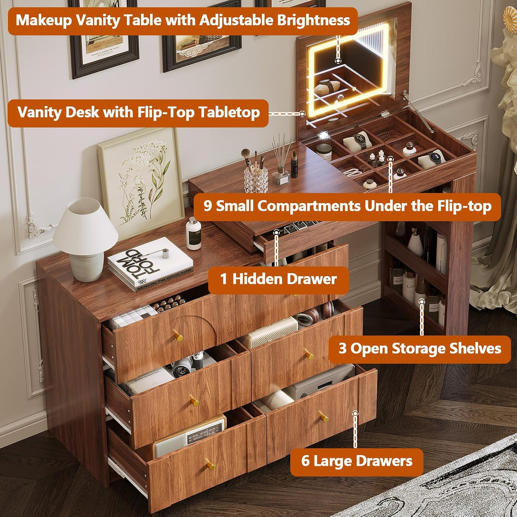 Convertible Brown make up Vanity Desk with Mirror and Lights, Wood Corner Makeup Desk & Large Makeup Table with 7 Storage Drawers / 9 Jewelry Compartments / 3 Shelves / Flip-Top Tabletop (Walnut)