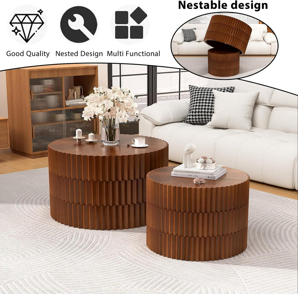 Round Wood Coffee Table Set of 2 Modern Circle Nesting Coffee Table Handcrafted Drum Nesting Table Nesting Coffee Tables for Living Room for Small Space (Walnut (D26.77+D19.68 inch))