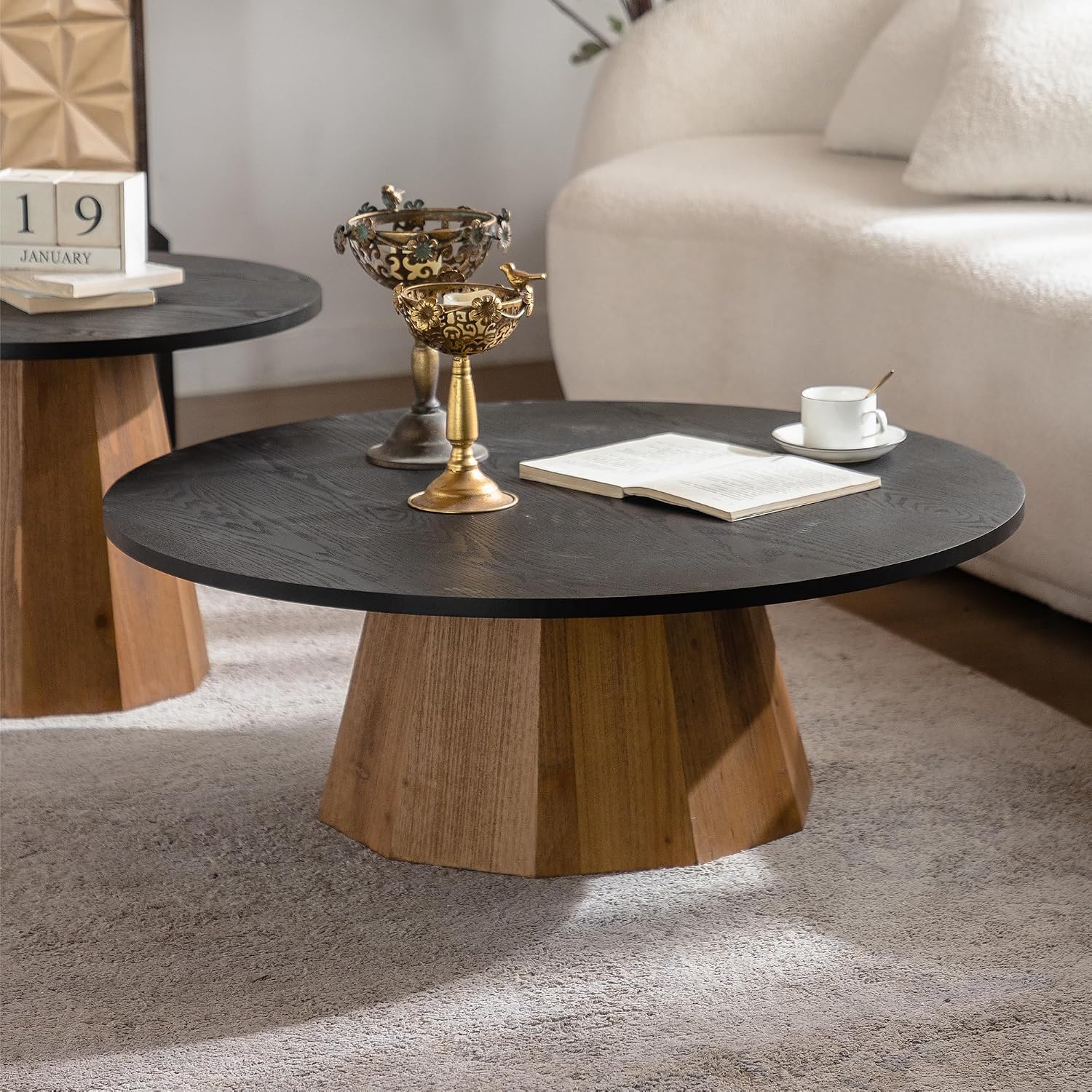 GDFStudio Mid Century Modern Round Coffee Table, Tree Design Circle Coffee Table for Living Room Office Apartment, Small Tea Tables with Pedestal, Easy Assembly Indoor Side Tables, Black+Wood 12.4' H