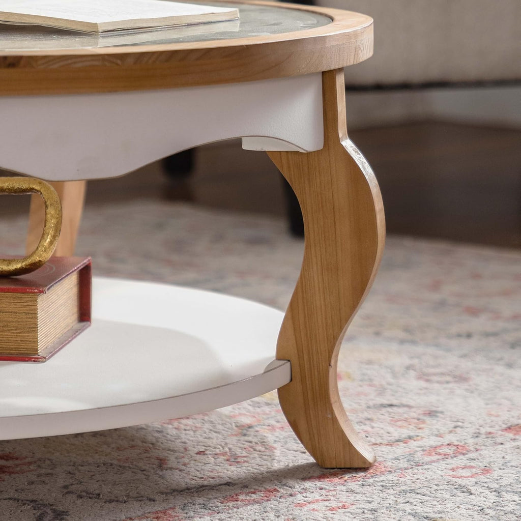 WILLIAMSPACE 31.5' Round Coffee Table with Open Storage, Farmhouse Solid Wood Circle Center Table with Tempered Glass Top 2-Tier Tea Table for Living Room, Easy Assembly (White & Natural Wood Finish)