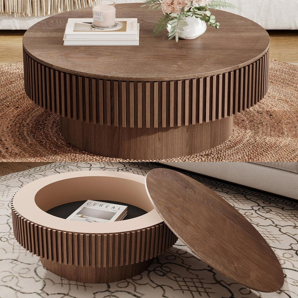 JUSTONE 31.5' Round Coffee Table,Farmhouse Wood Coffee Table with Storage for LivingRoom,Apartment,Office,Walnut